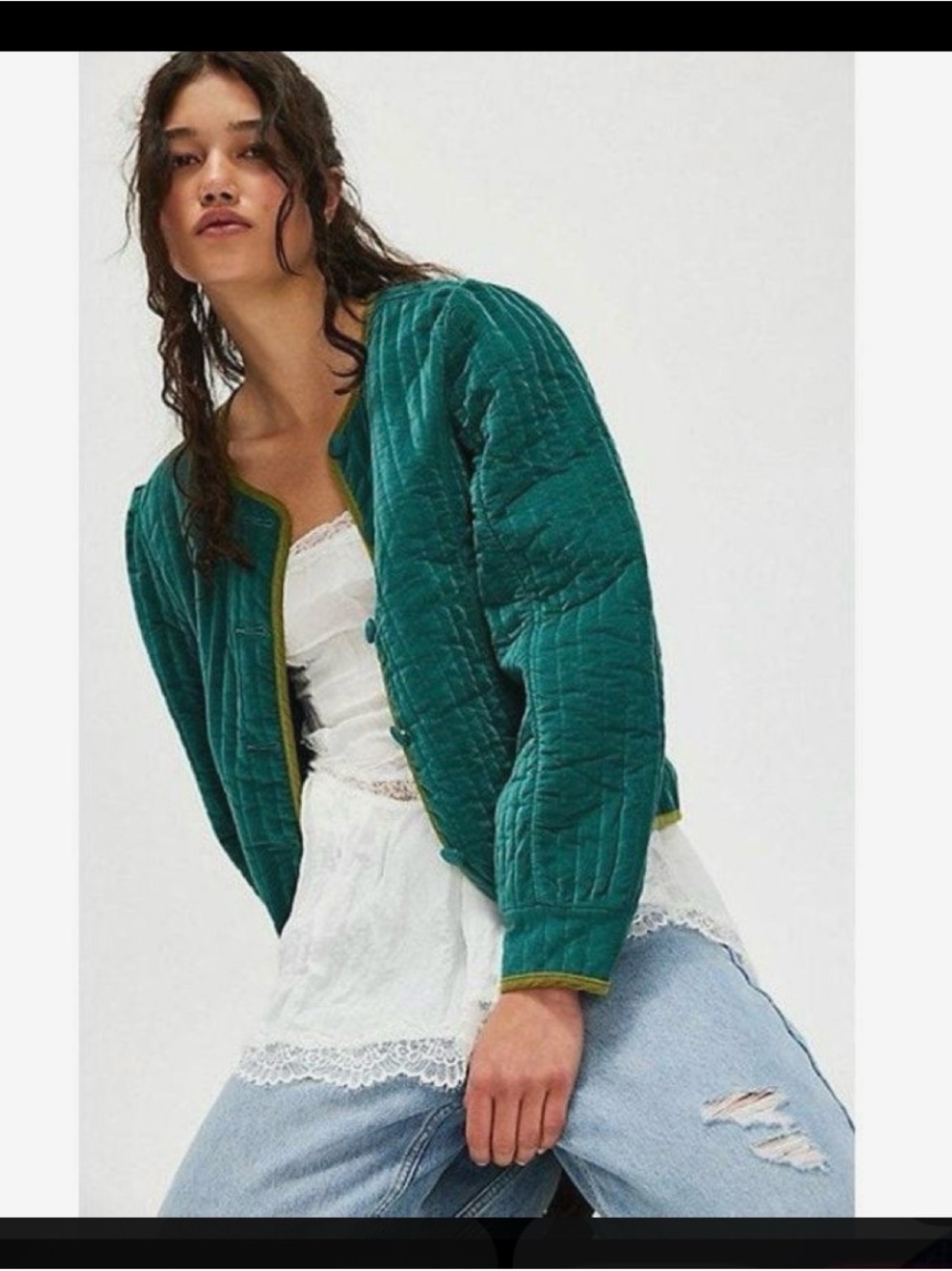 100% Silk Quilted Teal Emerald Corduroy-Trim Zip-Up Funnel Neck Bomber Jacket